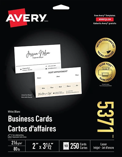Avery Business Cards with Sure Feed Technology, Micro-Perforated, 2" x 3 ½" , for Laser and Inkjet Printers - 5371