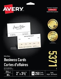 Avery Business Cards with Sure Feed Technology, Micro-Perforated, 2" x 3 ½" , for Laser and Inkjet Printers - 5371