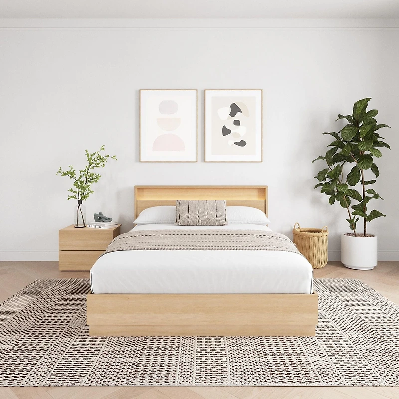 Ensemble de chambre à coucher Hudson 3 pièces avec lit queen size, sommier à lattes, tête de lit avec éclairage intégré et table de chevet