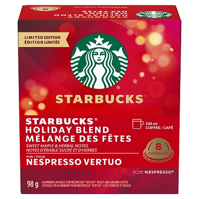 STARBUCKS Mélange des fêtes pour NESPRESSO VERTUO, édition limitée, café de torréfaction moyenne, douces notes d’érable et d’herbes, café 100 % arabica, capsules recyclables 98 g