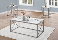 Monarch Specialties Table Set, 3pcs Set, Coffee, End, Side, Accent, Living Room, Metal, Laminate, White Marble Look, Grey, Contemporary, Modern