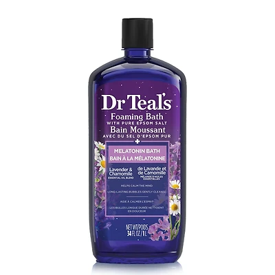 Dr Teal's Bain Moussant avec du Sel D'Epsom Pur, Bain à la Mélatonine, Lavande et de Camomille Mélange D'Huiles Essentielles, 34 fl oz 1L