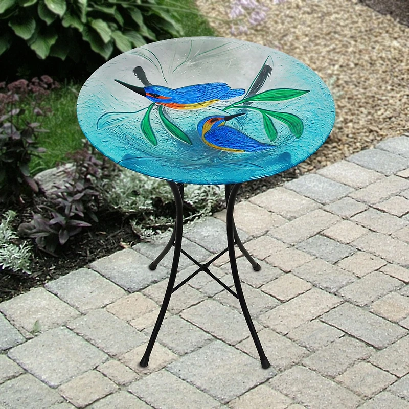 Angelo Décor Bain d'oiseau en verre harmonie des colibris de 46,5 cm avec support en métal et lumière solaire