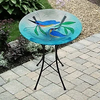 Angelo Décor Bain d'oiseau en verre harmonie des colibris de 46,5 cm avec support en métal et lumière solaire