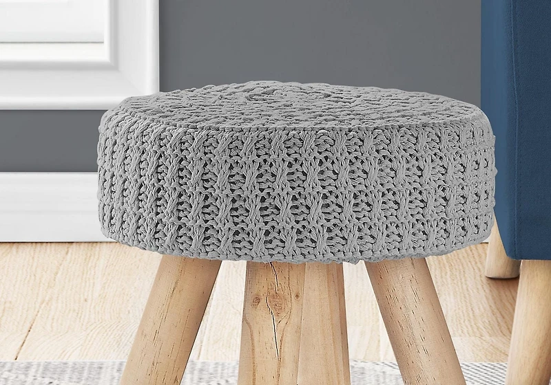 Monarch Specialties Ottoman, Pouf, Repose Pieds, Tabouret, 12" Rond, Velours, Pattes En Bois, Gris, Naturel, Contemporain, Moderne