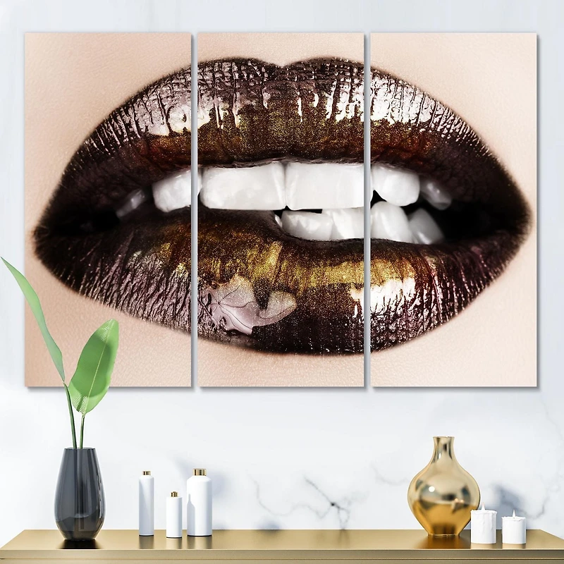 Designart Black Gold Lips Biting Canvas Wall Art