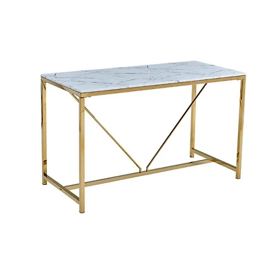 Table de bar Hakima avec plateau en faux marbre, cadre en acier doré brillant et design de pieds unique et élégant – Parfait pour 6 personnes
