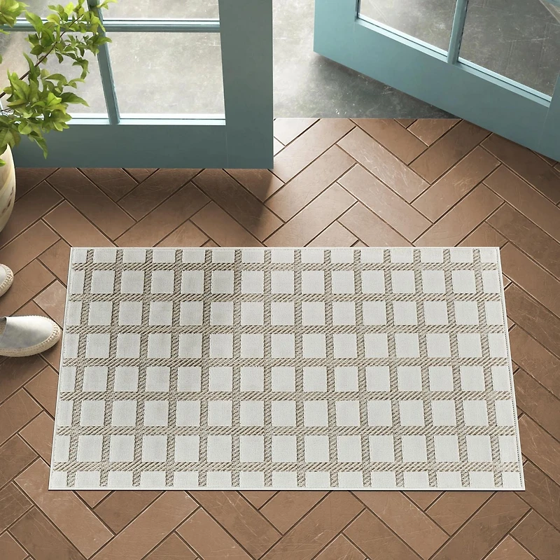 Tapis d'interieur exterieur a carreaux Rug Branch Maise, beige creme, moderne - Entree, couloir, salle de bain et cuisine