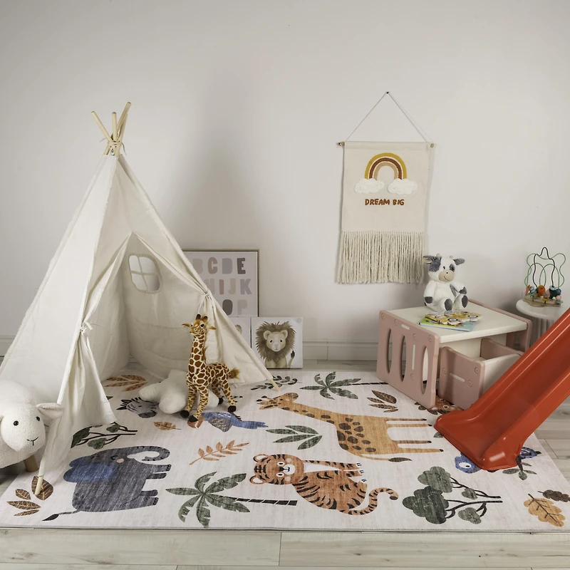 Rug Branch Soft Steps Playtime Cartoon Animals, Tapis d'apprentissage educatif doux, blanc beige - Garcons et filles dans la salle de jeux, la creche, la chambre a coucher