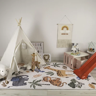 Rug Branch Soft Steps Playtime Cartoon Animals, Tapis d'apprentissage educatif doux, blanc beige - Garcons et filles dans la salle de jeux, la creche, la chambre a coucher