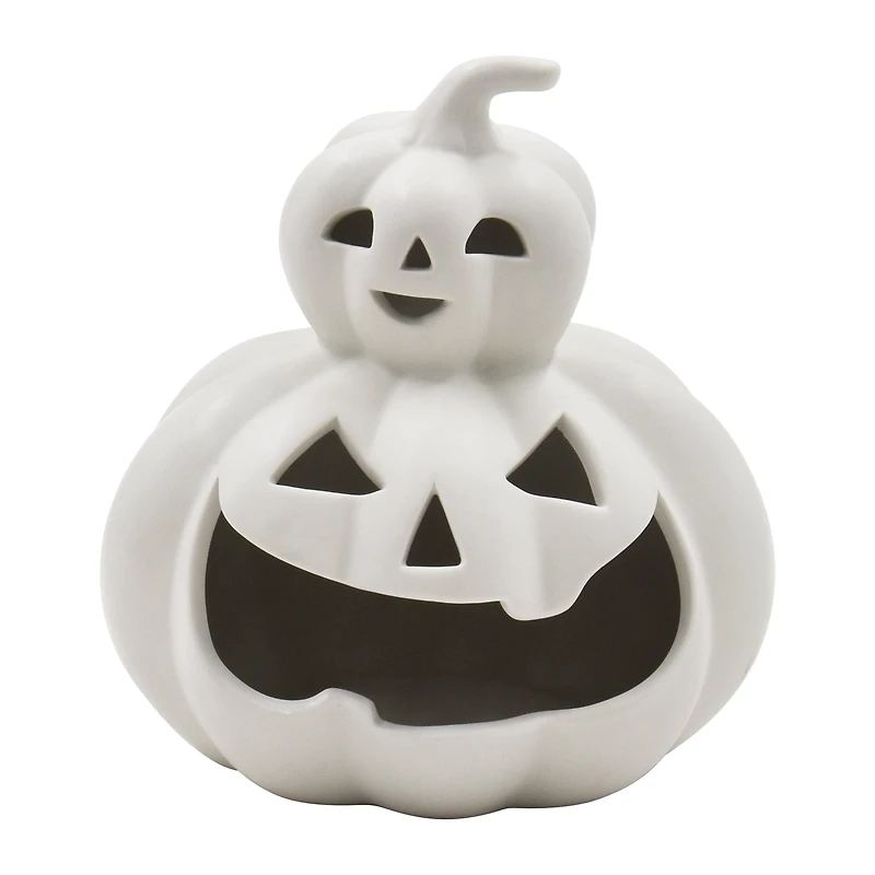 Photophore en céramique Halloween 7 pouces, motif citrouille empilée, gris chaud, par Façon de célébrer