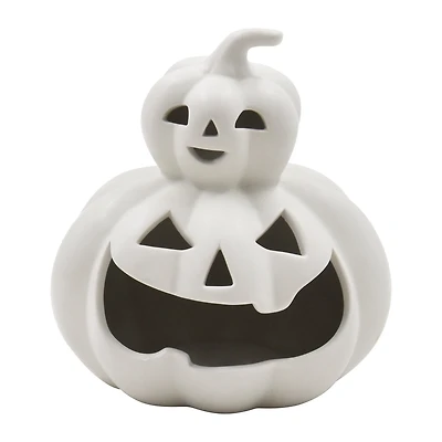 Photophore en céramique Halloween 7 pouces, motif citrouille empilée, gris chaud, par Façon de célébrer
