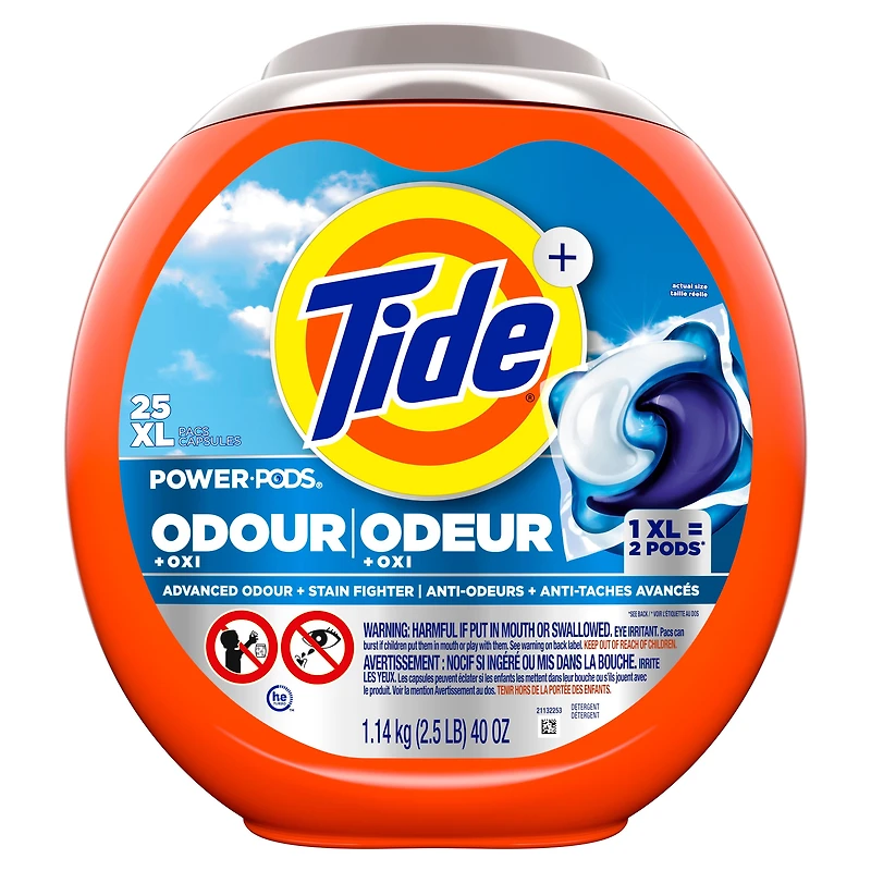 Tide Odour + Oxi Laundry Detergent Pacs, Original Scent, Advanced Odour + Stain Fighter, 25CT