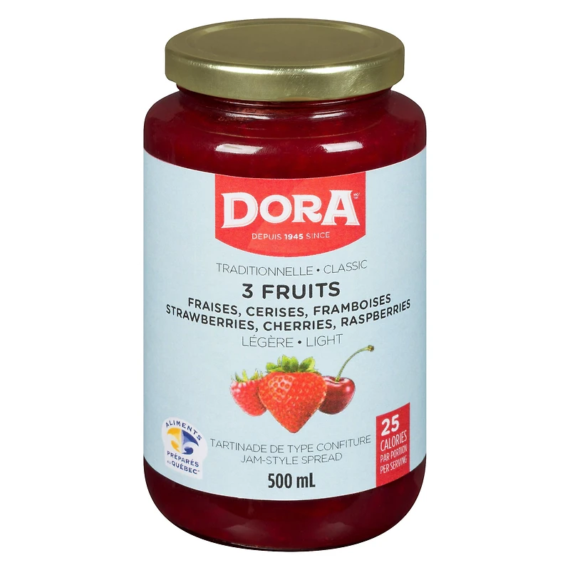 DORA STRAWBERRY, RASPBERRY AND CHERRY TRADITIONNAL LIGHT WITH PECTIN, DORA 3 FRUITS LIGHT 500ML