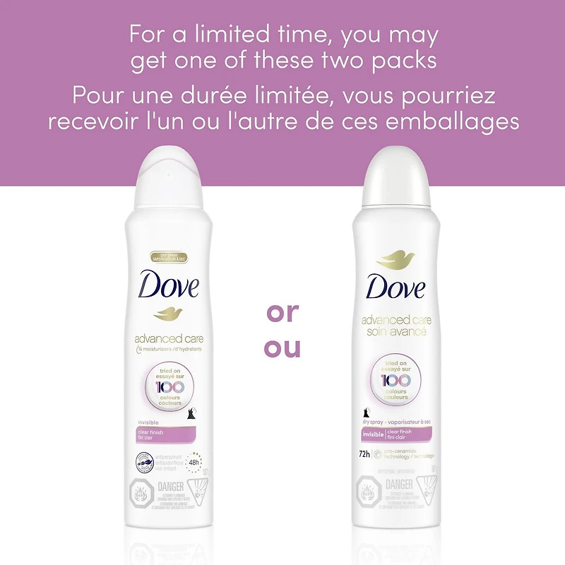 Antisudorifique en Vaporisateur à Sec Dove Soin Avancé Parfum Fini Clair, 107g Antisudorifique