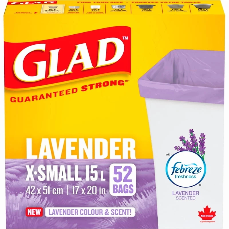 Sacs à ordures Glad® de couleur mauve et au parfum de lavande Format: Très petits sacs de 15 L avec Febreze fraîcheur, boîte de 52 sacs