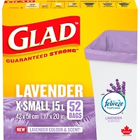 Sacs à ordures Glad® de couleur mauve et au parfum de lavande Format: Très petits sacs de 15 L avec Febreze fraîcheur, boîte de 52 sacs