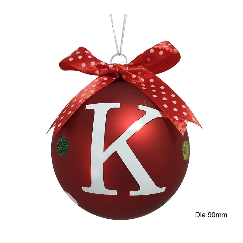 HOLIDAY TIME K RED LETTER GLASS ORNAMENT