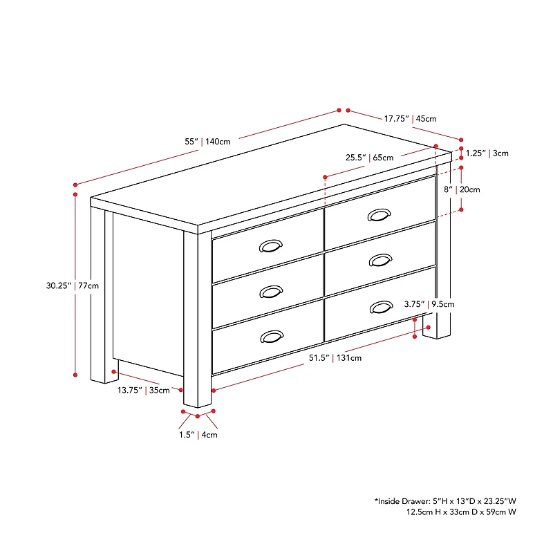 CorLiving Boston Modern Engineered Wood 6 Drawer Wide Adult Dresser with Interlocking Drawers, Black