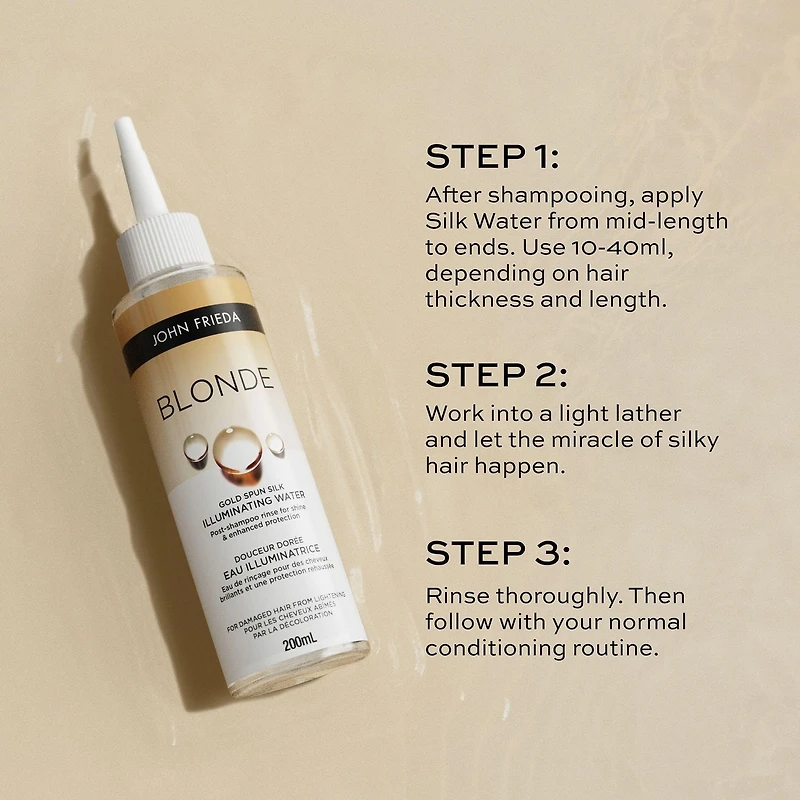John Frieda Blonde Gold Spun Silk Illuminating Water, post-shampoo hair rinse for blonde hair shine and enhanced protection, 200 mL