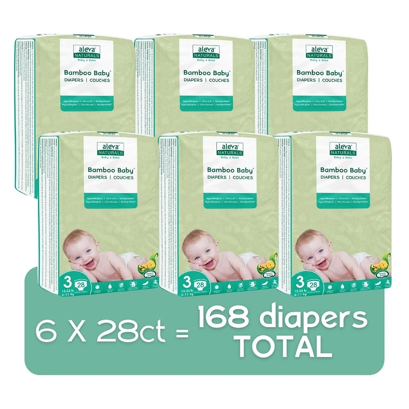 Aleva Naturals® Bamboo Baby Diapers, Economy Pack (Size 3) - 168 Count