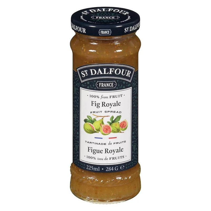 Tartinade royale aux figues de St Dalfour La tartinade aux figues royales de St. Dalfour est une tartinade aux fruits riche et entièrement naturelle à base de figues de première qualité et sucrée uniquement avec du concentré de jus de fruits. Sans sucre ajouté, sans arômes artificiels ni conservateurs, il offre une texture onctueuse