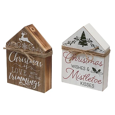 Christmas House Shaped Wood Block With Ribbon - Set of 2