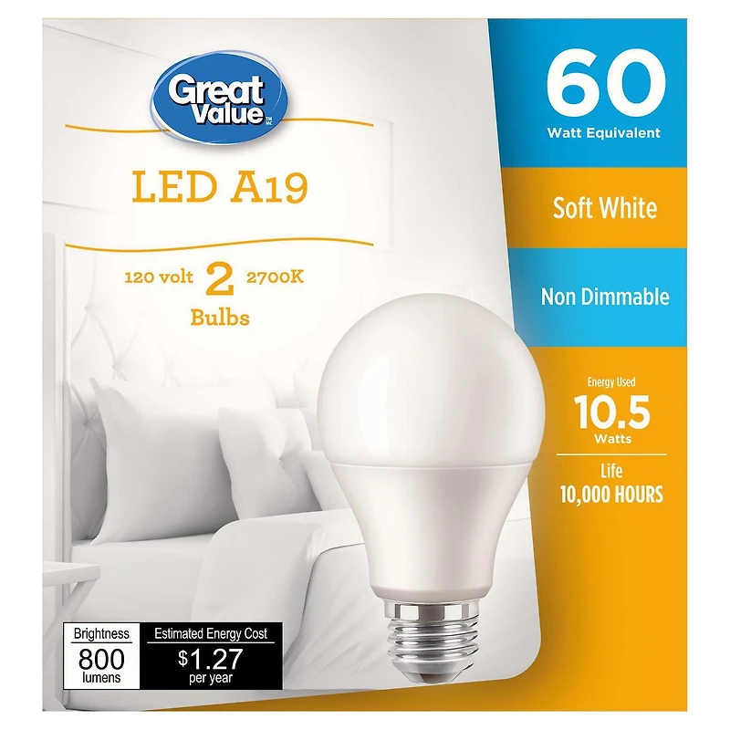 Great Value 60W A19 Soft White LED bulbs 2-pack, GV LED A19
