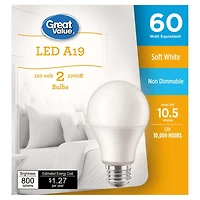 Great Value 60W A19 Soft White LED bulbs 2-pack, GV LED A19