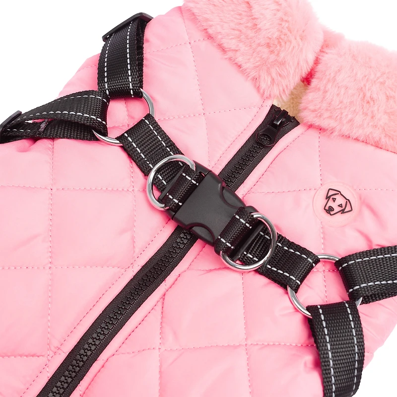 One Paw, Light Quilted Dog Vest with Harness, Pink, Light Quilted Black Dog Vest with Harness