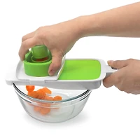 Starfrit Hand-Held V-Slicer, Adjustable Thickness, Non-Slip Base, Safe Self-Feeding Opening, With Safety Guard, Dishwasher Safe, Compact Kitchen Slicer For Fruits And Vegetables, Quickly slice fruits and vegetables with this Starfrit V-Blade Mandoline. Safe self-feeding design, adjustable thickness, and non-slip support. Easy to store and dishwasher safe for simple cleanup.