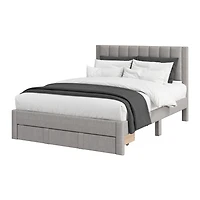 Lit plateforme capitonné gris clair CorLiving Metro avec rangement et tiroirs en format double/double et grand lit