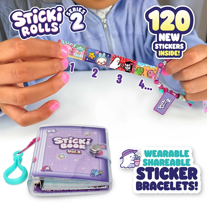 Sticki Rolls Sticki Book - Wearable & Shareable Sticker Bracelet + Collection Book - 120 Mini Stickers - 50 Activity Pages - 1000+ Sticker Designs