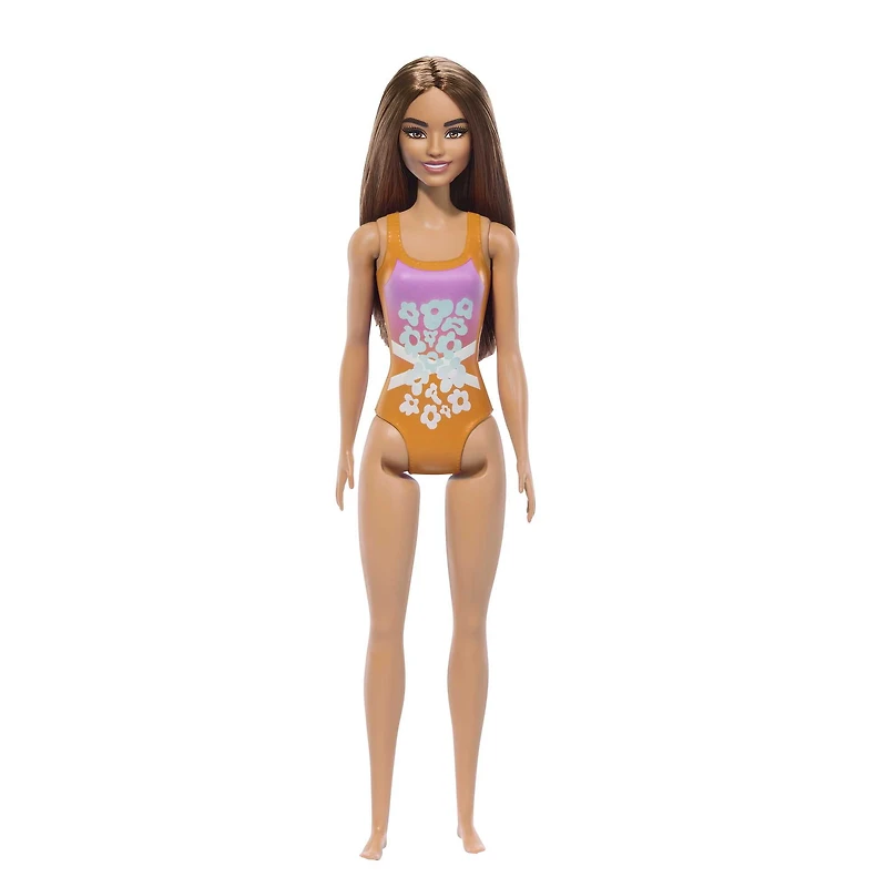 Barbie Poupée Plage Cheveux brun clair, maillot rose et orange Âges 3+