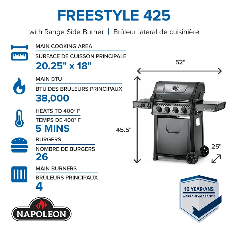 Gril Freestyle 425 au propane avec brûleur latéral de cuisinière, gris graphite