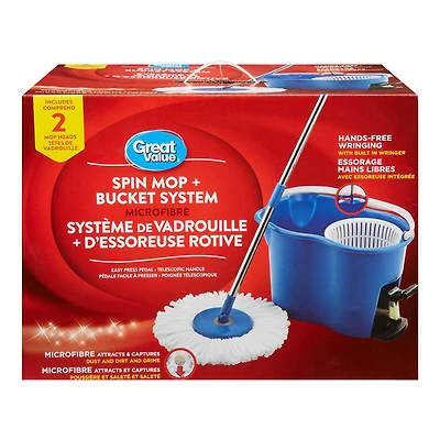 Système de vadrouille et seau à essoreuse rotative Great Value avec 2 têtes de recharge 1 vadrouille et 1 seau