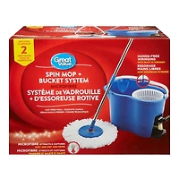 Système de vadrouille et seau à essoreuse rotative Great Value avec 2 têtes de recharge 1 vadrouille et 1 seau