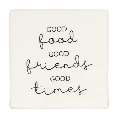 Plaque carrée de table en porcelaine “Good Food Good Friends Good Times” Linden