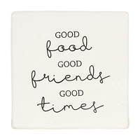 Plaque carrée de table en porcelaine “Good Food Good Friends Good Times” Linden