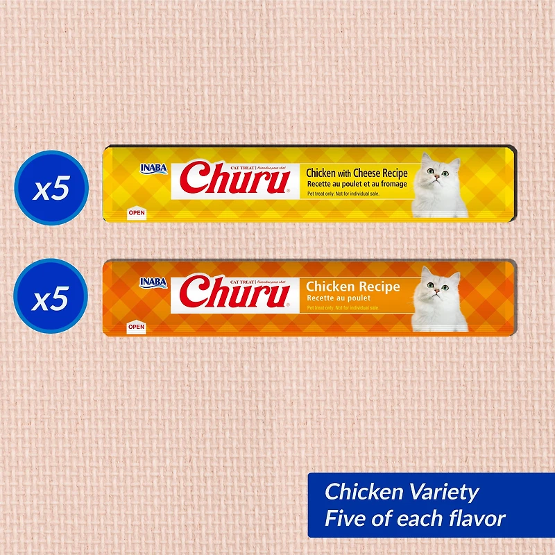 INABA Churu Cat Treats, Purée crémeuse léchée sans grain avec vitamine E - Boîte de variétés de poulet 10 tubes (5 x poulet et 5 x poulet avec fromage) 140g
