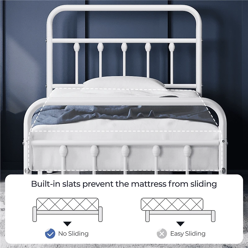 Fullfurnique Metal Platform Bed with High Headboard and Footboard for Adults, Twin, White