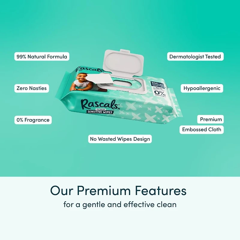 Rascals Premium Sensitive Wipes, Carton, 648 Count, Unisex