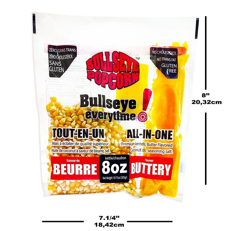 Bullseye Popcorn All-in-One Rich buttery movie theater taste for 8oz kettle / 226.8 grams