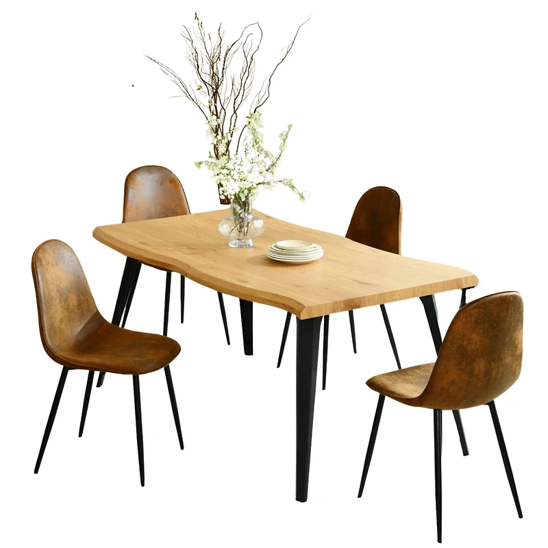 Homy Casa Modern Industrial 5-Piece Dining Set for 4, Faux Wooden Natural Live Edge Table with 4 Armless Chairs, Brown Fuax Suede