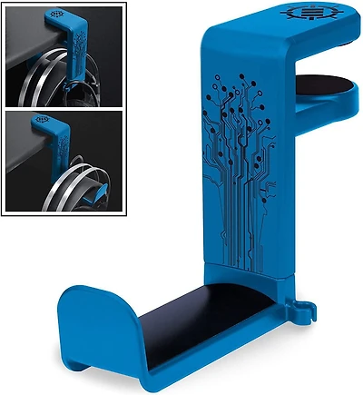 ENHANCE PC Gaming Headphone Holder - Desk Headphone Hanger Headset Holder with Adjustable 360 Rotating Arm, Under Desk Headphone Hook Clamp, Universal Fit, Built in Cable Clip Organizer - Blue