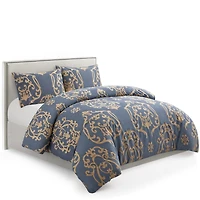 Marina Decoration Soft Silky Rich Printed Rayon from Bamboo All Season Duvet Cover Fitted Sheet Ensemble Bedding Set with Zipper and Corner Tie, Gold Damask Navy Blue Pattern
