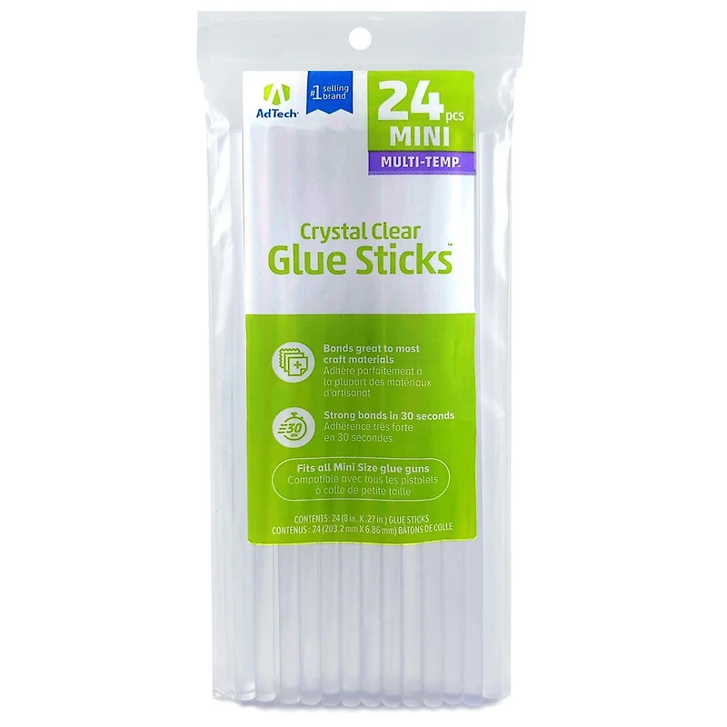 AdTech Crystal Clear Glue Sticks (W220-3824) – Mini Size, Crystal Clear, Hot Glue Gun Sticks. All-purpose glue sticks for crafting, scrapbooking & more. Pack of 24, 8” long .28 Diameter hot glue stick, 8 inch multi-temp mini sized hot glue sticks