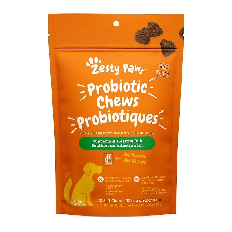 Zesty Paws Mâches Molles Probiotiques, Flore Intestinale et Complément Digestif pour Chiens, Saveur de Citrouille, 60 Pq 60 Mâches