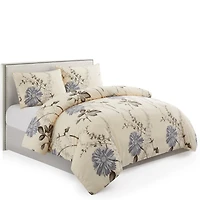 Literie Marina Décoration douce, soyeuse et riche en rayonne de bambou imprimée, toutes saisons, housse de couette, drap-housse, avec fermeture éclair et lien d'angle, motif floral chrysanthème bleu