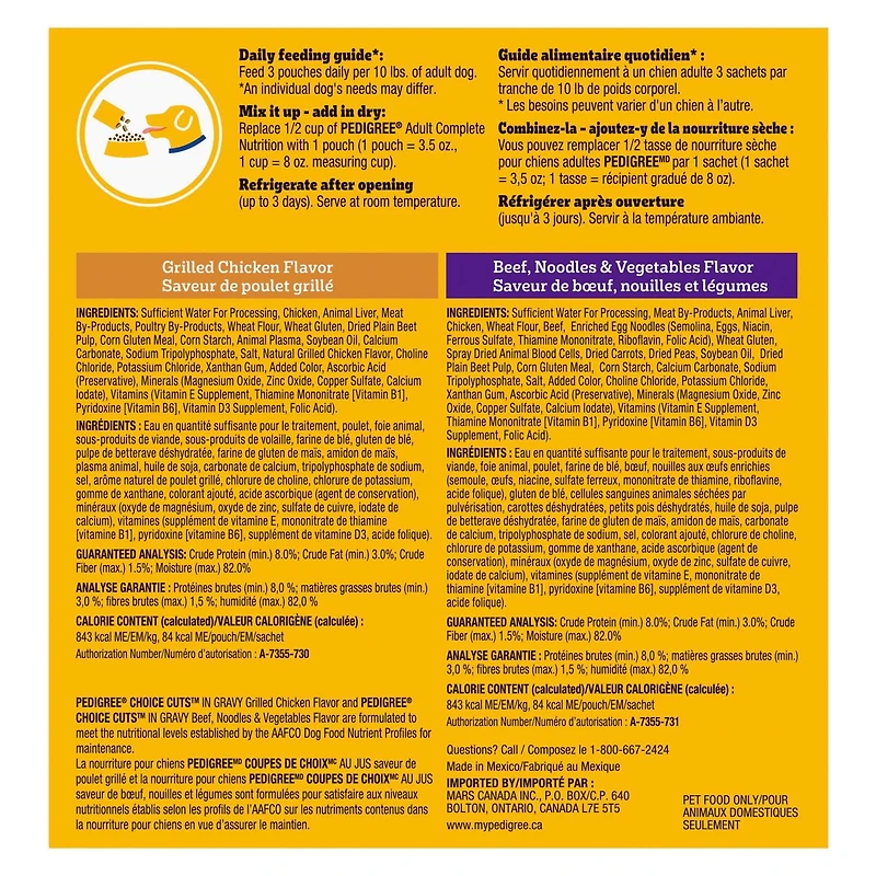 Nourriture humide pour chiens adultes PEDIGREE COUPES DE CHOIX AU JUS saveur de bœuf, nouilles et légumes et saveur de poulet grillé en format variété 8 x 100 g